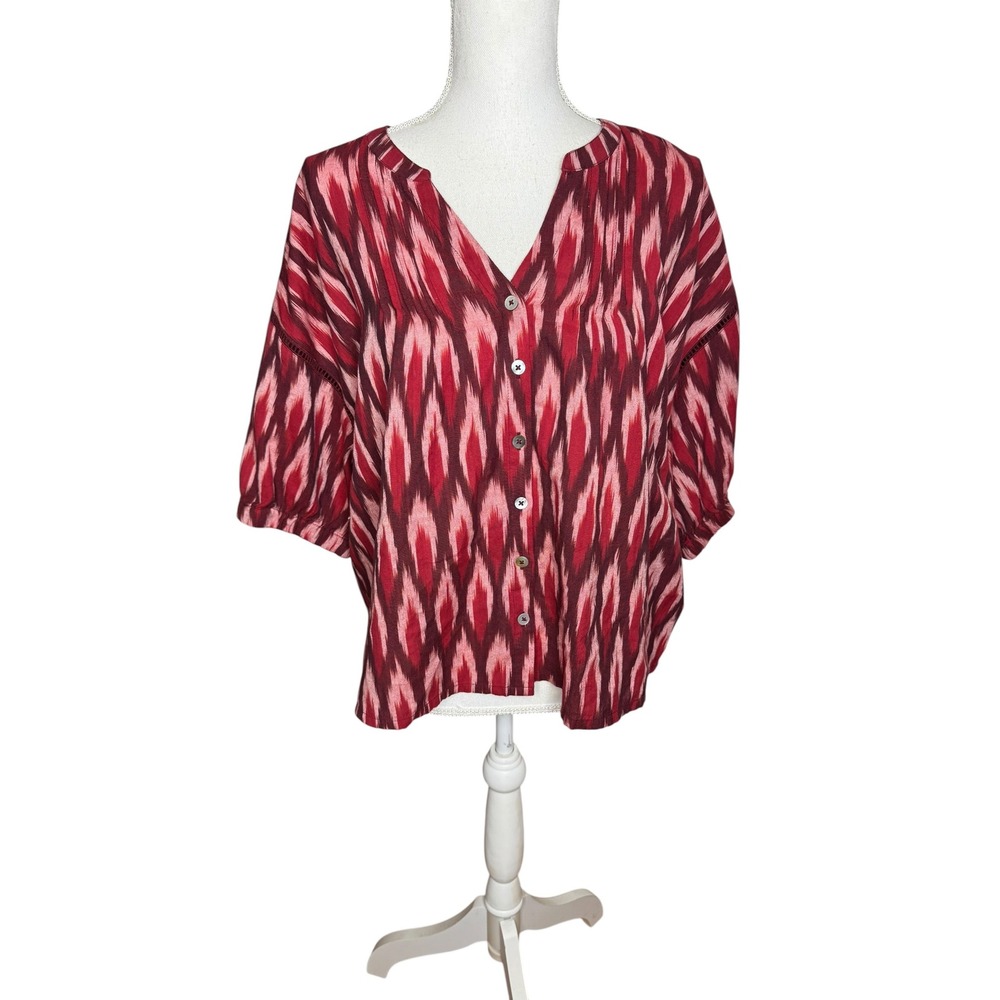 Garnet Hill Womens Red Pink‎ Ikat Print Cotton Button Front Blouse Size Medium